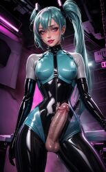 ai_generated big_penis bodysuit braindanxxx catsuit collar corset elbow_gloves erect_nipples erect_penis erection futa_only futa_solo futadom futanari futanari green_hair harness hatsune_miku haughty_face haughty_smile inviting inviting_to_sex latex latex_bodysuit latex_catsuit latex_clothing latex_collar latex_corset latex_elbow_gloves latex_gloves latex_harness latex_legwear latex_stockings latex_suit latex_thighhighs makeup pink_eyes pink_lips pink_lipstick presenting small_breasts solo solo_futa stable_diffusion standing testicles thick_thighs twintails wide_hips