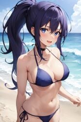 1girls ai_generated amikura_mako beach_background belly_button blue_eyes choker classroom_of_the_elite female looking_at_viewer open_mouth purple_bikini purple_hair solo_female solo_focus youkoso_jitsuryoku_shijou_shugi_no_kyoushitsu_e