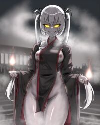 ai_generated evil_smile fire looking_at_viewer original_character priestess temple twintails white_hair yellow_eyes