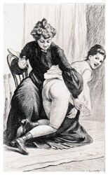 1910s 2girls ass bottomless dolly_morton dress_lift femdom high_heel_boots lezdom literature louis_malteste monochrome over_the_knee_spanking public_domain spanking the_memoirs_of_dolly_morton traditional_media_(artwork) vintage