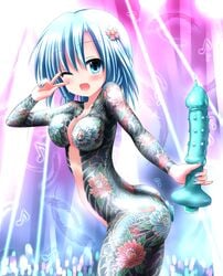 ;p background blue_eyes blue_hair blush breast_tattoo breasts dragon_tattoo eyebrows_visible_through_hair female flower full_body_tattoo hair_ornament idol looking_at_viewer nail_polish nipple_piercing original seiji_(artist) sex_toy smile solo tagme tattoo yakuza