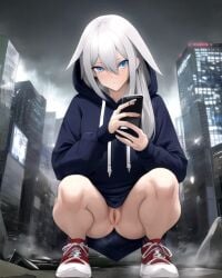 ai_generated blue_eyes cellphone city city_background hoodie original_character squatting squatting_female white_hair