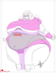 1girls arcee autobot bbw fat_robot female huge_breasts looking_at_viewer m-a-v-e-r-i-c-k overweight signature simple_background solo tagme transformers