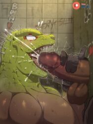 ! !! 2boys absurdres animal_head bara bna_v5 caiman_(dorohedoro) censored cum cum_in_mouth dorohedoro erection facial fellatio from_side furry gay girthy_penis glory_hole green_scales heart highres kaiman large_pectorals licking licking_penis male_focus male_only mosaic_censoring multiple_boys muscular muscular_male nipples nude oral paid_reward_available pectorals penis profile reptile_boy saliva saliva_trail sharp_teeth solo_focus speed_lines sweat teeth through_wall very_sweaty yaoi