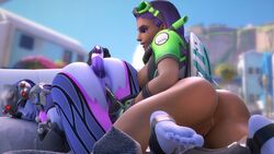 2girls 3d absurdres alternate_costume anal_insertion anus arhoangel ass big_ass big_breasts big_butt blender blue_skin breasts brown_nipples bubble_ass bubble_butt butt closed_eyes dark-skinned_female dark_skin dat_ass dildo eyes_closed feet female female_only happy highres ilios_(map) insertion long_hair looking_at_another looking_down mouth_open nipples open_mouth overwatch pillow purple_toenails pussy sex_toy sideboob sombra toes tulum_sombra widowmaker yuri