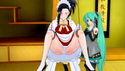 3d absurdres arm_warmers bare_shoulders black_hair blue_eyes blue_hair bondage empty_eyes expressionless female_only femdom femsub hanging_down hatsune_miku headphones hypnosis long_hair maid maid_headdress mind_control momo_yaoyorozu my_hero_academia purple_eyes rope shadow1333 shoes skirt smile socks spread_legs standing thighhighs twintails very_long_hair vocaloid white_panties