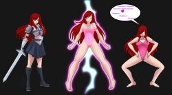 absurdres alternate_costume armor before_and_after boots breasts brown_eyes corruption erza_scarlet fairy_tail female_only femsub haigure hair_covering_one_eye hypnosis katsiika leotard long_hair mind_control nipples pink_eyes pussy red_hair skirt smile sword tattoo text transformation