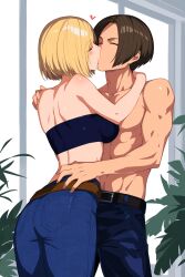 blue_mary fatal_fury hugging jeans jnbu king_of_fighters kissing kyo_kusanagi shirtless sports_bra