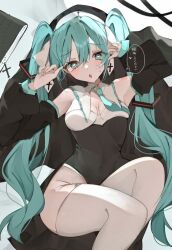 artist_request blue_eyes blue_hair blue_nails blue_tie blush hatsune_miku heart-shaped_pupils looking_at_viewer nun nun_outfit thighhighs tie twintails vocaloid white_thighhighs