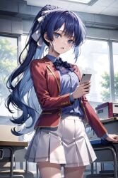 1girls ai_generated amikura_mako blue_eyes blue_shirt classroom classroom_of_the_elite female holding_phone looking_at_viewer open_mouth purple_hair red_blazer school_uniform schoolgirl solo_female solo_focus white_hair_ribbon white_skirt youkoso_jitsuryoku_shijou_shugi_no_kyoushitsu_e