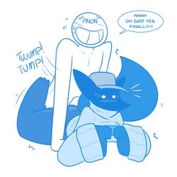 anon anthro blue_theme blush breasts buttjob canine clothing dialogue english_text female fox grin hat hi_res human kali_(kilinah) kili_(kilinah) kilinah male mammal monochrome outercourse penis rule_63 smile sound_effects speech_bubble straight surprise sweat sweater text