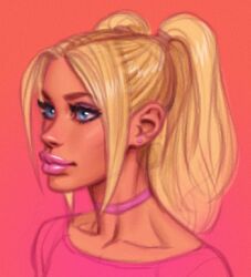 1girls 2d 2d_(artwork) bimbo bimbo_lips blonde_female blonde_hair blue_eyes choker clothed coxville_stories daughter ear_piercing female female_focus female_only kitty_summers lips lipstick looking_to_the_side makeup no_sex pierced_ears pink_lipstick pink_shirt portrait shirt theofficialpit twintails