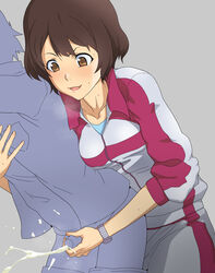 1boy 1girls :3 :d breath brown_eyes brown_hair cum don_(rg06268) ejaculation female foreskin grey_background highres jacket kurumada_gou leaning_forward open_mouth pants reach_around shinmon_megumi short_hair smile straight sweat tomica_hyper_rescue_drive_head:_kidou_kyuukyuu_keisatsu track_jacket track_pants watch