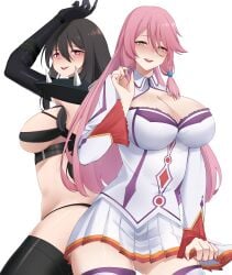 2girls absurdres azuri909 blush breasts crossover flare_arlgrande_jioral heart heart-shaped_pupils high_school_dxd highres large_breasts long_hair multiple_girls raynare redo_of_healer smile symbol-shaped_pupils tagme