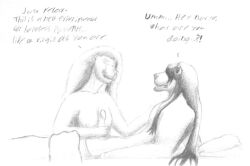 anthro areola bedding biped blanket breast_play breasts command command_to_allow command_to_relax duo english_text erection eye_contact felid female for_science! genitals graphite_(artwork) hair hair_over_eyes hand_on_shoulder handjob handwritten_text holding_another's_penis humor intraspecies leonidae lion long_hair looking_at_another lying male male/female mammal mane mane_hair mane_over_eyes nipples nude nude_anthro nude_male on_back paizuri pantherine pencil_(artwork) penile penis pillow questionable_consent sex side_view sitting_up smile text titfuck titjob traditional_media_(artwork) unprofessional_behavior