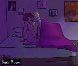 2girls all_fours bandaid bandaid_on_nose bed bedroom blonde_hair blush brown_eyes brown_hair female female_only freckles gorillaz hair_bun hand_on_face indoors kim_pine kneeling multiple_girls nude nude_female purple_eyes rb_leaf roxanne_richter saliva_string scott_pilgrim scott_pilgrim_takes_off short_hair yuri