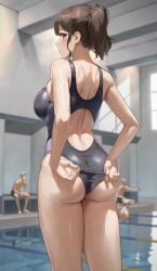 1girls 3boys anteiru anteiru3939 ass background_character background_characters big_breasts breasts brown_hair embarrassed female fit_female indoors large_breasts light-skinned_female looking_back male one-piece_swimsuit original original_character ponytail rear_view sideboob slim_waist swimming_pool swimsuit thighs