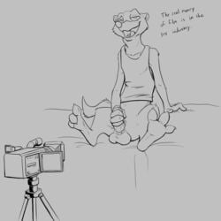 2016 anthro balls black_and_white bottomless camera claws clothed clothing dialogue disney duke_weaselton erection hi_res male male_only mammal masturbation mustelid penile_masturbation penis recording simple_background skunkjunkie solo spread_legs spreading toe_claws weasel zootopia