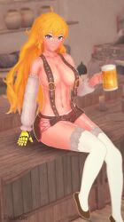 1girls arrancon beer_glass blonde_female blonde_hair breast_grab nipples_visible_through_clothing purple_eyes robotic_arm rwby yang_xiao_long