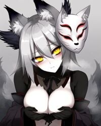 ai_generated cleavage fog foggy foggy_background fox fox_ears fox_girl fox_mask fox_spirit fox_tail ghost ghost_girl ghostly original_character white_hair yellow_eyes