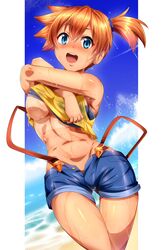 :d bare_arms beach blue_bikini_top blue_sky blush breasts cloud day denim denim_shorts female highres human human_only kasumi_(pokemon) looking_at_viewer magukappu medium_breasts navel ocean open_mouth orange_hair pokemon pokemon_(anime) shirt short_ponytail shorts simple_background sky smile solo stomach suspender_shorts suspenders tan tank_top tanline thigh_gap underboob undressing water wet white_background
