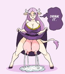 anthro blush bodily_fluids bottomwear bovid bovine breaking_the_fourth_wall breasts cattle cleavage clothed clothing clothing_lift dialogue dominant dominant_female dress english_text female green_eyes heterochromia hi_res idunn_(fire_emblem) lactating lactation mammal milk_puddle pink_background presenting_udders projectile_lactation puddle purple_eyes sera-fuku simple_background skirt skirt_lift solo speech_bubble spread_legs spreading talking_to_viewer teats text udders