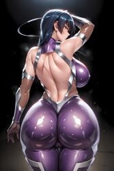 1girls ai_generated ass backless_outfit big_ass big_breasts blue_hair bodysuit busty cameltoe female female_only gigantic_ass green_eyes igawa_asagi kunoichi long_hair looking_back ninja pale-skinned_female pale_skin purple_bodysuit taimanin_(series) taimanin_asagi taimanin_asagi_battle_arena