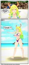 3d absurdres bare_legs barefoot beach before_and_after bikini bikini_bottom bikini_top blush breasts cleavage closed_eyes comic dialogue dragon_girl eyebrows_visible_through_hair feet female_only femsub happy_trance horns hypnosis large_breasts latinkaixa lucoa maledom micro_bikini mind_control miss_kobayashi's_dragon_maid multicolored_hair navel open_mouth outdoors quetzalcoatl_(dragon_maid) quetzalcoatl_(maidragon) shrunken_irises smile speech_bubble standing swimsuit text very_long_hair zombie_walk