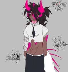 bandaged_arm brown_hair collar dark_skin doodle embarrassed gray_background horns humanized kok0ro long_hair long_socks no_pants one_eye_covered penis_out phighting pink_collar pink_eyes roblox roblox_game shirt shirt_collar socks spikes standing straight submissive_male subspace_(phighting) sweat tail