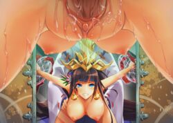 1boy animated blue_eyes bouncing_breasts bound breasts brown_hair clitoris clothed clothed_male_nude_female clothing crying_with_eyes_open earrings female kamihime_project_r large_breasts magic_circle mirror nipples nude penis phoenix_(kamihime) rape restrained sex tears uncensored vaginal_penetration