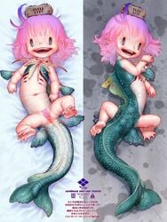 4n dakimakura female fins gills maebari monster_girl navel open_mouth original pink_hair pussy sharp_teeth tail