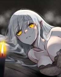 ai_generated bra candle candlelight fog foggy foggy_background ghost ghost_girl ghostly haunted_house laying_down long_hair long_hair_female original_character white_hair yellow_eyes