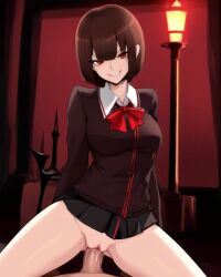 1boy 1girls ai_generated brown_hair cowgirl_position crazy crazy_eyes dark_room evil_smile female male original_character pussy pussy_juice pussy_juice_drip red_eyes school_uniform sex short_hair squatting_cowgirl_position vaginal_penetration