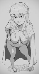 breasts_out commission greyscale hand_on_hip long_hair looking_at_viewer megami_tensei monke_brush nude nude_female robe_only shin_megami_tensei shin_megami_tensei_ii smile smiling smiling_at_viewer solo tokyo_tower's_witch