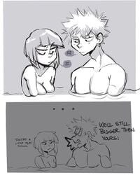 1boy 1boy1girl 1girls angry_face bob_cut boobs breasts chest comic comparing comparing_breasts english_text female funny in_water katsuki_bakugou kyoka_jiro looking_at_breasts male male/female monochrome my_hero_academia nude pecs pectorals straight text tits