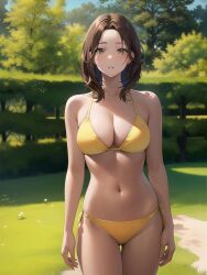 1girls ai_generated ai_mirror belly_button bikini blush brown_hair bushes garden green_eyes looking_at_viewer looking_surprised medium_breasts outside short_hair standing trees white_skin yellow_bikini