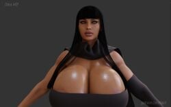 3d bae3 big_breasts black_hair breasts_bigger_than_head bursting_breasts corruption dark-skinned_female dark_hair dark_skin egyptian_mythology huge_breasts legend_of_queen_opala massive_breasts osira outfit scar_on_face serpent voluptuous yellow_eyes