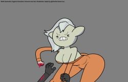 absurd_res alien alien_humanoid angry ass bent_over big_breasts big_butt blood bodily_fluids bravest_warriors breasts cartoon_hangover clothed clothing crouching digital_media_(artwork) english_text fan_character female fist frederator front_view grey_(the_cartoon_love) grey_background grey_body grey_hair hair hi_res humanoid male merewif model_sheet not_furry partially_clothed prison_suit simple_background solo suit text the_cartoon_love thick_thighs