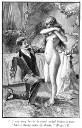 1900s 1boy 1girls breasts caption dolly_morton embarrassed_nude_female engraving forced_exposure hatching_(art) monochrome stripped the_memoirs_of_dolly_morton traditional_media_(artwork) vintage