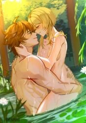 1boy1girl bite bite_mark blonde_female blonde_hair childe_(genshin_impact) closed_eyes genshin_impact ginger ginger_male holding hugging kinphyre kiss_mark lumine_(genshin_impact) onsen public red_hair romantic scars scars_all_over smile straight tartaglia_(genshin_impact) wholesome