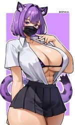 1girls abs absurd_res breasts cat_ears catgirl cromwellb female hi_res huge_breasts mask original original_character purple_hair school_uniform schoolgirl short_hair tail