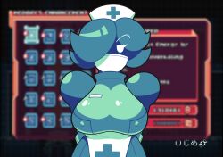 alternate_breast_size alternate_version cyan_hair facemask female gravity_circuit ijimecandy large_breasts mask masked_female nipple_bulge nipples_visible_through_clothing nurse nurse_(gravity_circuit) nurse_cap nurse_uniform robot short_hair unimpressed white_eyes