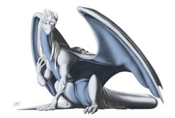 dragon female hair jackrow membranous_wings scalie simple_background sitting solo western_dragon white_background white_hair wings