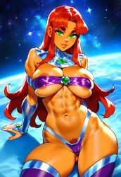 1girl abs ai_generated areola_slip areolae arm_support arms_behind_back colored_sclera covered_nipples dc dc_comics female green_eyes jagat_ai long_hair nipples_visible_through_clothing parted_lips pubic_hair pubic_hair_peek red_hair revealing_clothes solo_female space starfire thighhighs tubetop