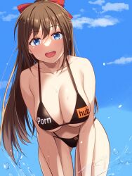 1girls bikini black_bikini blue_sky breasts cleavage hair_ribbon large_breasts leaning_forward logo looking_at_viewer love_live! love_live!_nijigasaki_high_school_idol_club mobukichi open_mouth ousaka_shizuku pornhub pornhub_bra skindentation sky smile swimsuit thighs water wet wet_skin