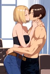 blue_mary fatal_fury hugging jeans jnbu king_of_fighters kissing kyo_kusanagi shirtless sports_bra