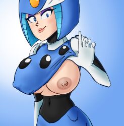 1girls 2d 2d_(artwork) areolae armour arty_renegate belly belly_button blue_eyes breasts breasts_out clothing exposed_breasts exposed_nipples eyelashes gloves helmet large_breasts looking_at_viewer makeup mega_man mega_man(classic) nipples rockman shaded showing_breasts showing_off skin_tight smile smiling_at_viewer splash_woman