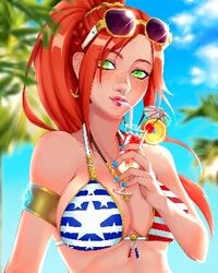 alternate_costume bikini cassie_(paladins) green_eyes orange_hair paladins sunglasses sunkissed_cassie