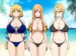 absurdres angelica_rapha_redgrave bangs bare_legs bare_shoulders beach bikini bikini_bottom bikini_top blonde_hair breasts brown_eyes choker cleavage collarbone empty_eyes female_only femsub green_eyes hair_buns happy_trance huge_breasts hypnosis jimryu kitagawa_marin long_hair love_after_world_domination magahara_desumi mind_control multiple_girls multiple_subs navel necklace open_mouth otome_game_sekai_wa_mob_ni_kibishii_sekai_desu red_eyes short_hair smile sono_bisque_doll_wa_koi_wo_suru standing standing_at_attention