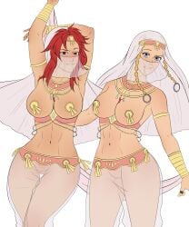 2girls belly_dancer belly_dancer_outfit breasts finger_cymbals harem_outfit keygii leina pasties queen's_blade risty see-through veil